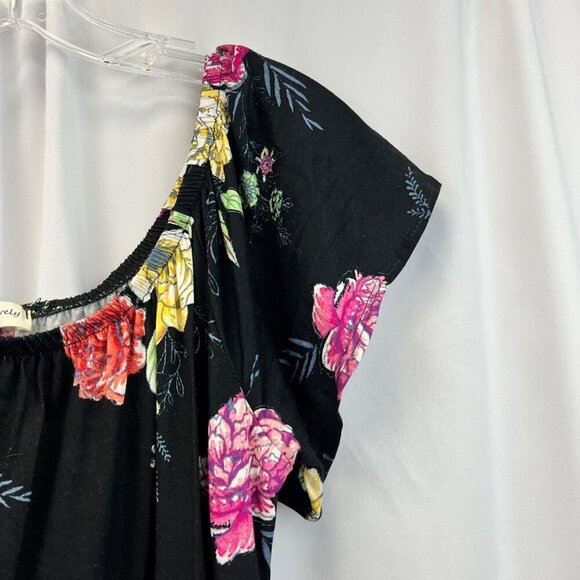 Sweet Lovely Off Shoulder Short Sleeve Floral A-Line Dress Black/Multi Medium - Picture 4 of 9